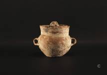 Vaso di piccole dimensioni  dotato di coperchio, dal  deposito (votivo ?) individuato ante 1901 ad oriente del nuraghe Sianeddu (Sinis di Cabras). Bronzo recente terminale  /  Bronzo finale (età nuragica).